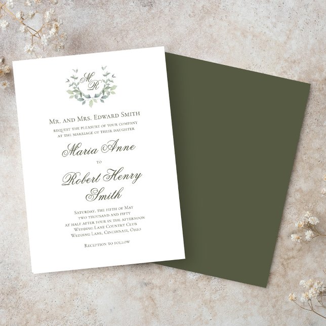 Elegant Grönt Calligraphy-skript Monogram Bröllop Inbjudningar (Elegant green monogram and greenery motif wedding invitations. )