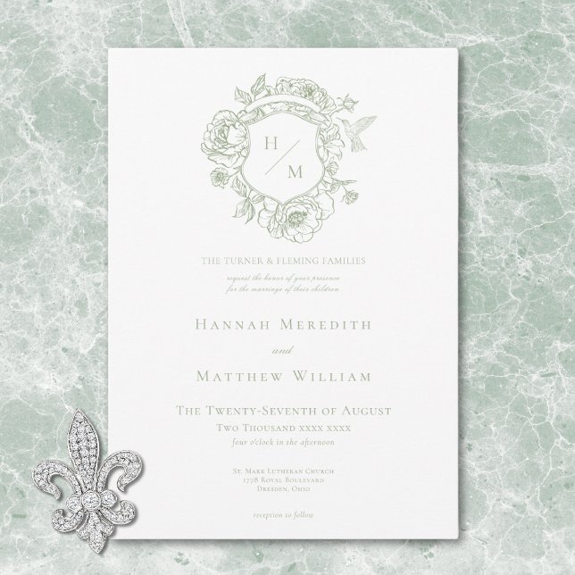 Elegant Grönt Chinoiserie Bird & Vapensköld Bröllo Inbjudningar (Elegant Green Chinoiserie Bird & Crest Wedding Invitation)