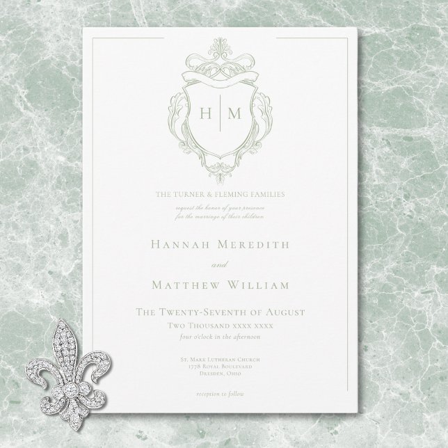 Elegant Grönt Chinoiserie Bird & Vapensköld Bröllo Inbjudningar (Elegant Green Chinoiserie Bird & Crest Wedding Invitation)