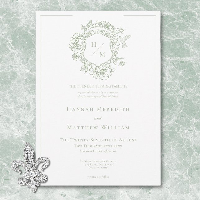 Elegant Grönt Chinoiserie Bird & Vapensköld Bröllo Inbjudningar (Elegant Green Chinoiserie Bird & Crest Wedding Invitation)