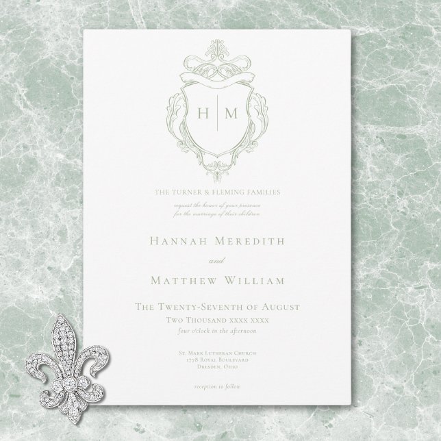 Elegant Grönt Chinoiserie Bird & Vapensköld Bröllo Inbjudningar (Elegant Green Chinoiserie Bird & Crest Wedding Invitation)