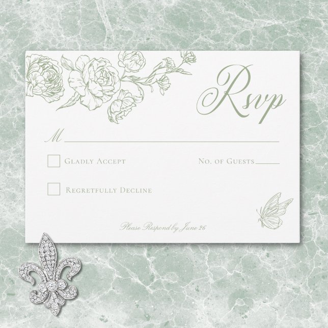 Elegant Grönt Chinoiserie Bird & Vapensköld Bröllo OSA Kort (Elegant Green Chinoiserie Bird & Crest Wedding RSVP Card)