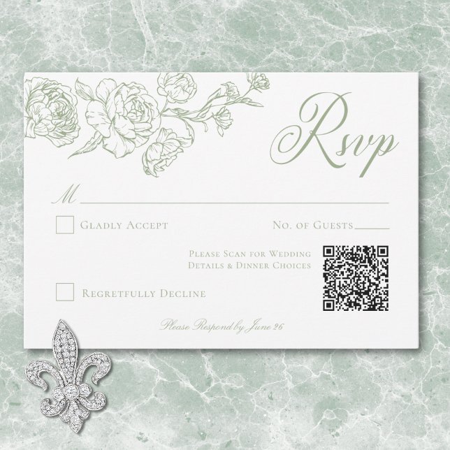 Elegant Grönt Chinoiserie Bird & Vapensköld Bröllo OSA Kort (Elegant Green Chinoiserie Bird & Crest Wedding QR RSVP Card)