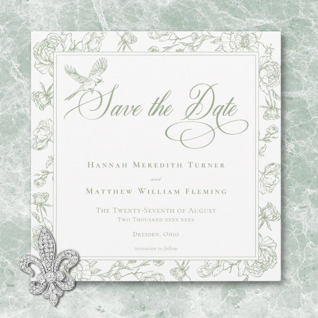 Elegant Grönt Chinoiserie Bird & Vapensköld Bröllo Spara Datumet (Elegant Green Chinoiserie Bird & Crest Wedding Save The Date)