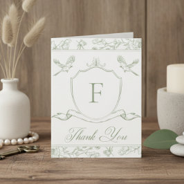 Elegant Grönt Chinoiserie Bird & Vapensköld Bröllo Tack Kort