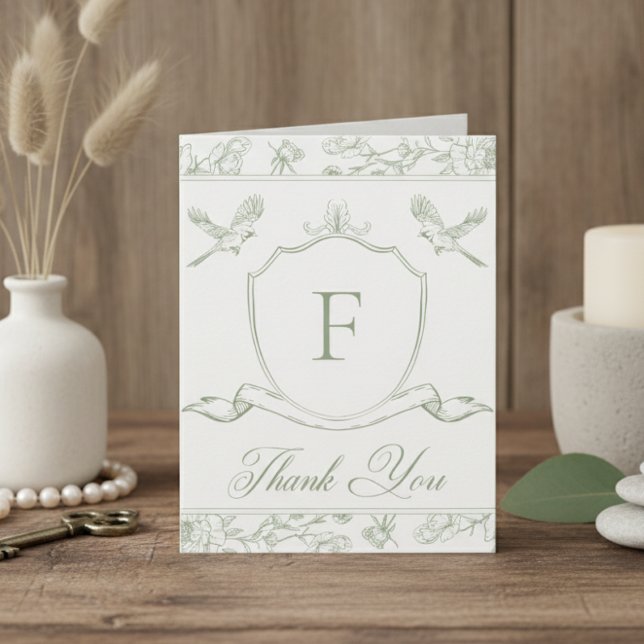 Elegant Grönt Chinoiserie Bird & Vapensköld Bröllo Tack Kort (Skapare uppladdad)