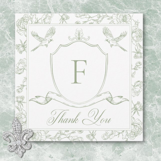 Elegant Grönt Chinoiserie Bird & Vapensköld Bröllo Tack Kort (Elegant Green Chinoiserie Bird & Crest Wedding Thank You Card)