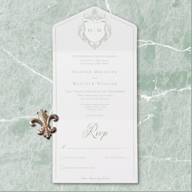 Elegant Grönt Chinoiserie Bird Vapensköld Bröllop (Elegant Green Chinoiserie Bird Crest Wedding All In One Invitation)
