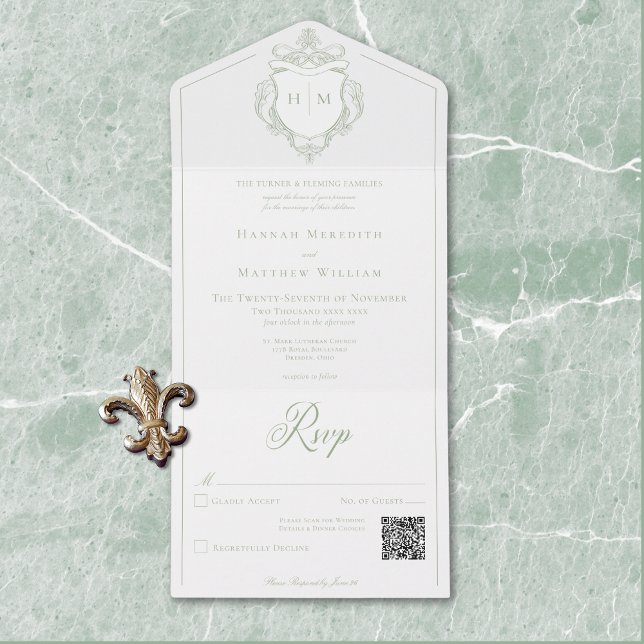 Elegant Grönt Chinoiserie Bird Vapensköld Bröllop  (Elegant Green Chinoiserie Bird Crest Wedding QR All In One Invitation)