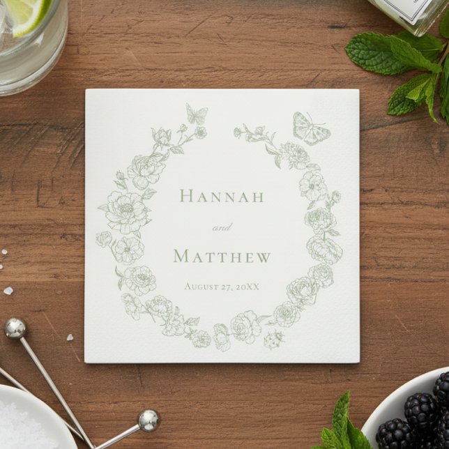 Elegant Grönt Chinoiserie Bird Vapensköld Bröllop Pappersservett (Skapare uppladdad)