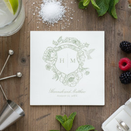 Elegant Grönt Chinoiserie Bird Vapensköld Bröllop Pappersservett