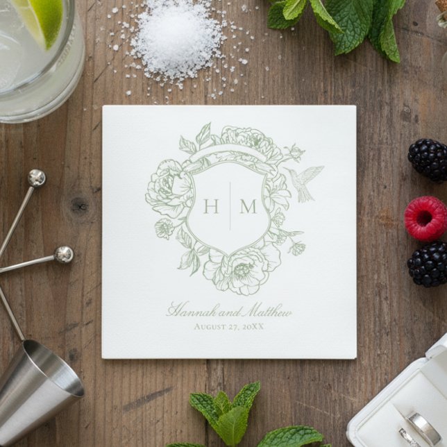 Elegant Grönt Chinoiserie Bird Vapensköld Bröllop Pappersservett (Skapare uppladdad)