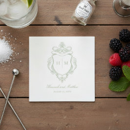 Elegant Grönt Chinoiserie Bird Vapensköld Bröllop Pappersservett