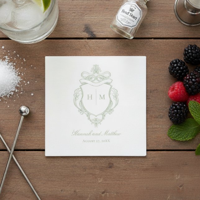 Elegant Grönt Chinoiserie Bird Vapensköld Bröllop Pappersservett (Skapare uppladdad)