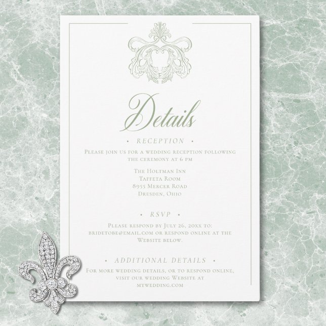 Elegant Grönt Chinoiserie Bird Vapensköld Bröllop Tilläggskort (Elegant Green Chinoiserie Bird Crest Wedding Enclosure Card)