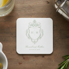 Elegant Grönt Chinoiserie Bird Vapensköld Bröllop Underlägg Papper Kvadrat