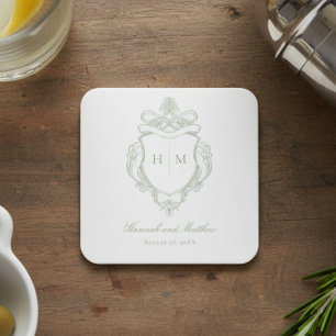 Elegant Grönt Chinoiserie Bird Vapensköld Bröllop Underlägg Papper Kvadrat