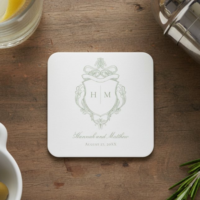 Elegant Grönt Chinoiserie Bird Vapensköld Bröllop Underlägg Papper Kvadrat (Skapare uppladdad)