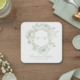 Elegant Grönt Chinoiserie Bird Vapensköld Bröllop Underlägg Papper Kvadrat