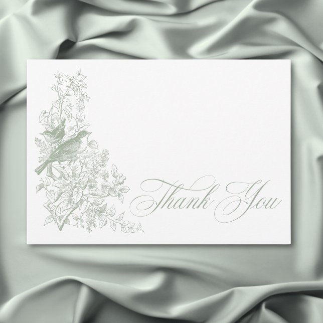 Elegant Grönt Chinoiserie Nature & Birds Bröllop Tack Kort (Elegant Green Chinoiserie Nature & Birds Wedding Thank You Card)