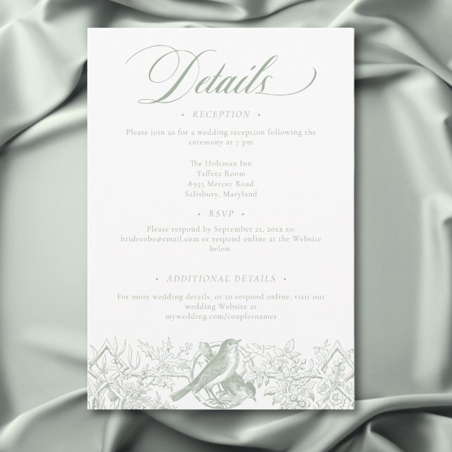 Elegant Grönt Chinoiserie Nature & Birds Bröllop Tilläggskort (Elegant Green Chinoiserie Nature & Birds Wedding Enclosure Card)