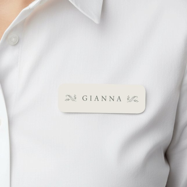 Elegant Grönt & Cream Botanical Namnbricka (Skapare uppladdad)