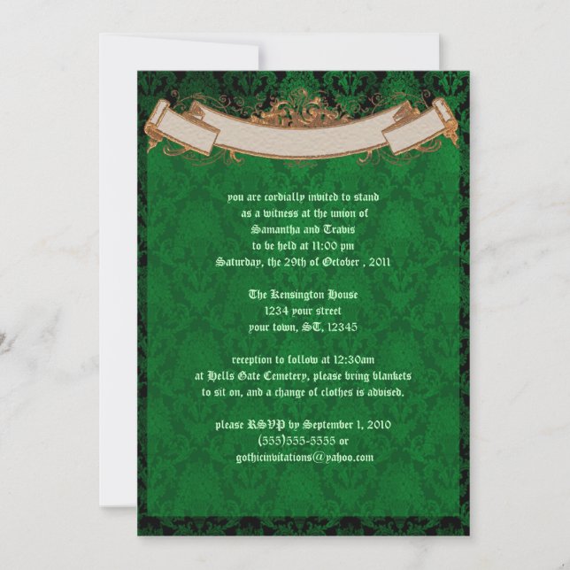 Elegant Grönt Damask Goth Wedding-inbjudan Inbjudningar (Framsida)