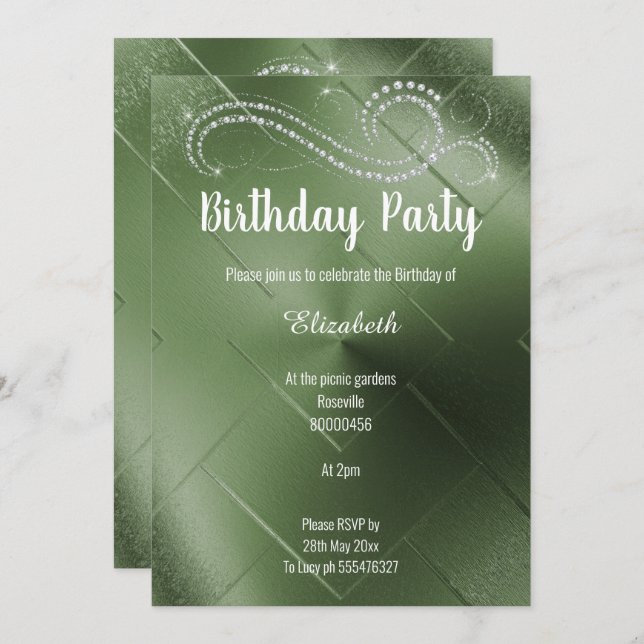 ELEGANT GRÖNT DIAMOND FÖDELSEDAGSFEST INBJUDAN (Fram/baksida)