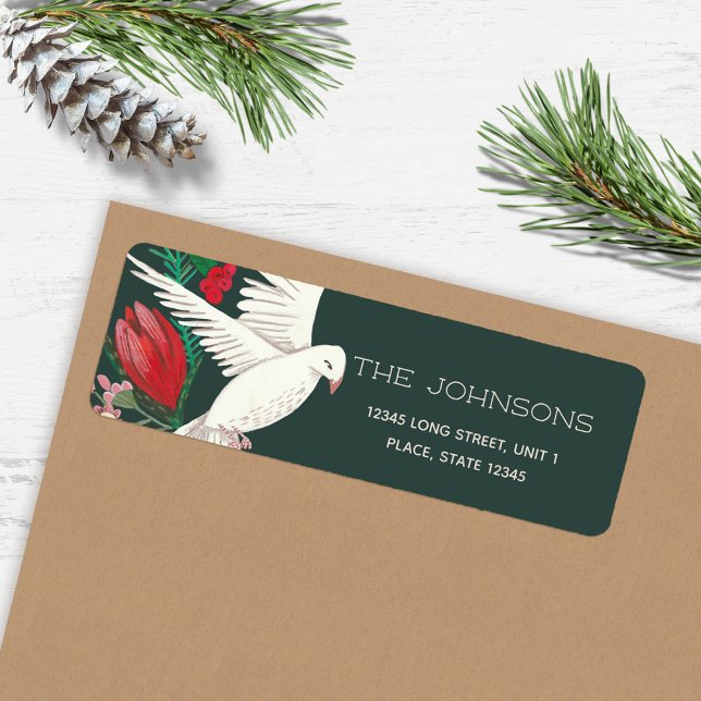 Elegant Grönt Dove Blommigt jul Returadress Etikett (Elegant Green Dove Floral Christmas Label)