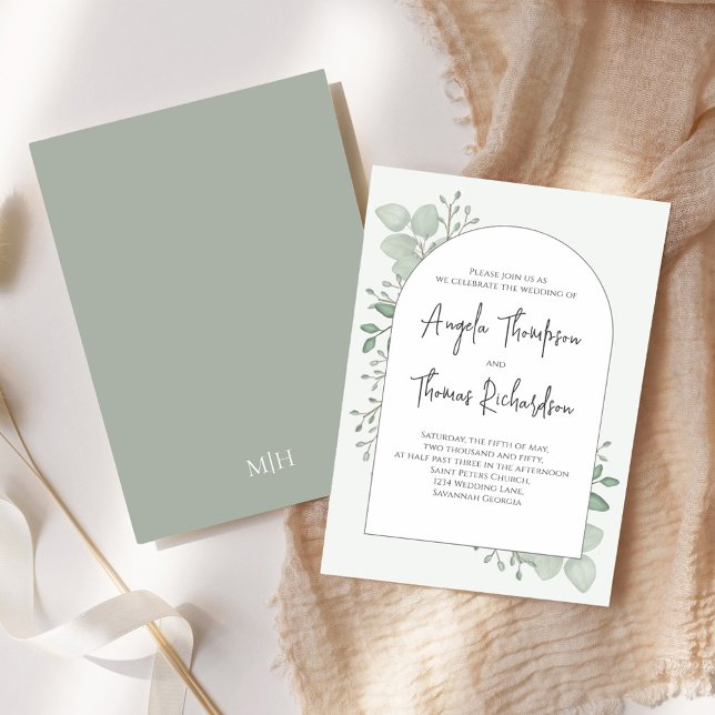 Elegant Grönt Eucalyptus Foliage Greenery Lövs Inbjudningar (Elegant Moss green with eucalyptus and leaves greenery. )