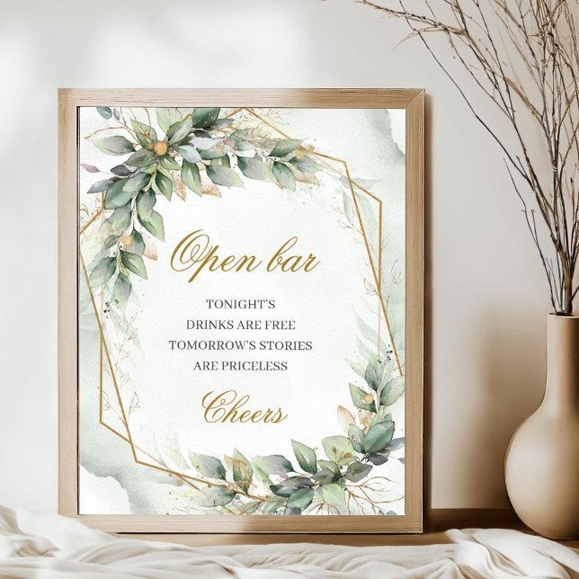 Elegant grönt eucalyptus guld Open pub Poster (Watercolor greenery foliage gold glitter wedding open bar sign poster)