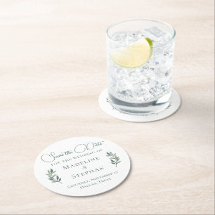 Elegant Grönt Eucalyptus Löv Modern Spara datum Underlägg Papper Rund