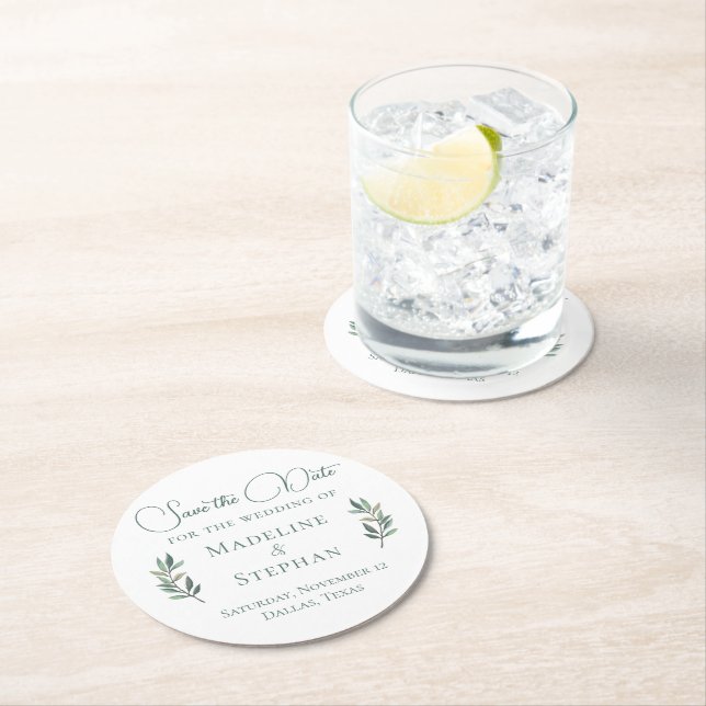 Elegant Grönt Eucalyptus Löv Modern Spara datum Underlägg Papper Rund (Insitu)