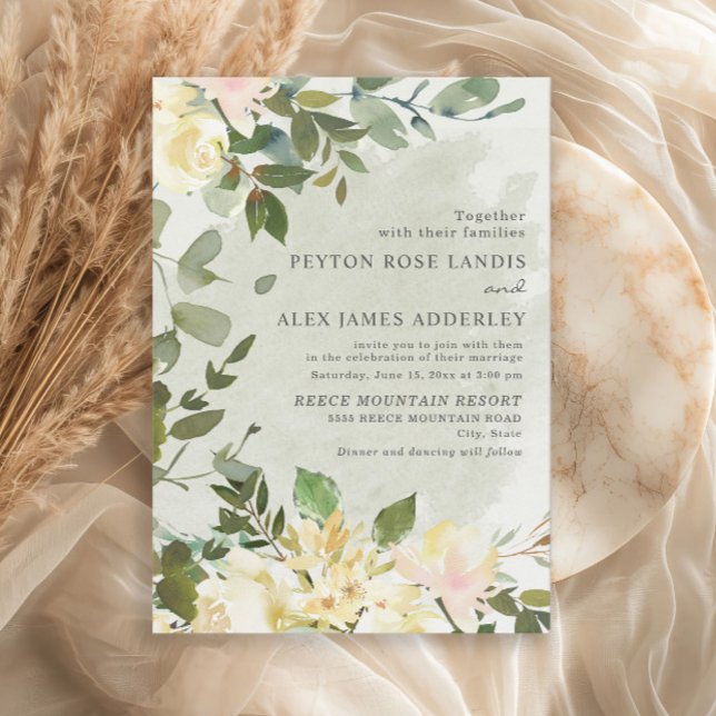 Elegant Grönt Eucalyptus Vit Blommigt Bröllop Inbjudningar (Sage green eucalyptus leaves wedding invitations)