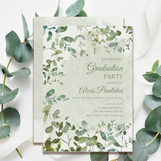 Elegant Grönt Eucalyptus Vit Studenten Inbjudningar (Skapare uppladdad)