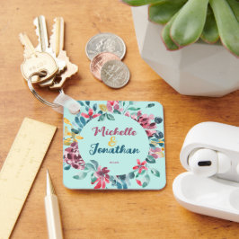 Elegant grönt färglös vattenfärgad blommigt bröllo nyckelring