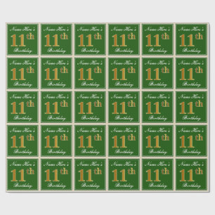 Elegant, Grönt, Faux Guld 11:e födelsedagen + Namn Presentpapper