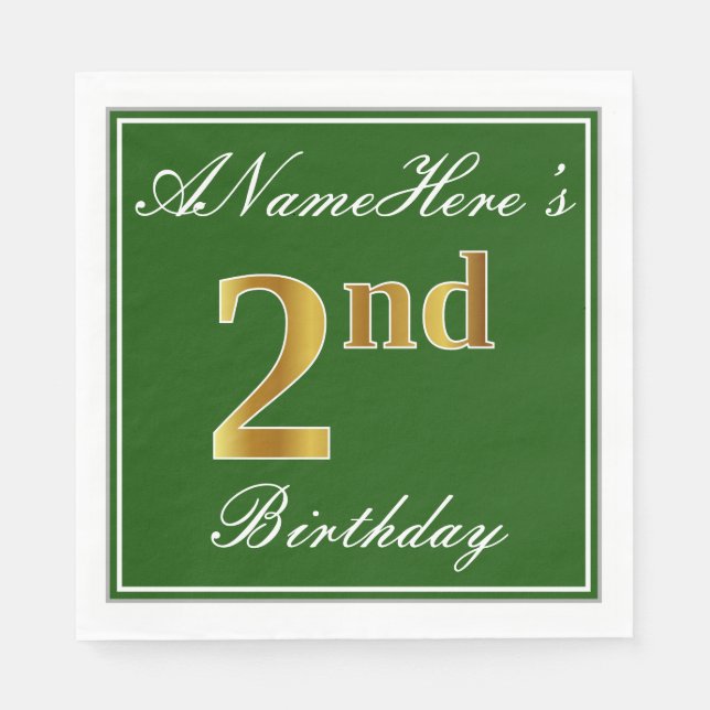 Elegant Grönt, Faux Guld 2:a födelsedagen; Anpassa Pappersservett (Framsidan)