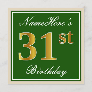 Elegant, Grönt, Faux Guld 31a Birthday + Namn Inbjudningar