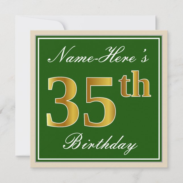 Elegant, Grönt, Faux Guld 35e Birthday + Namn Inbjudningar (Framsida)