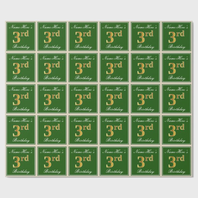 Elegant, Grönt, Faux Guld 3:e födelsedagen + Namn Presentpapper (Platt)