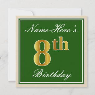 Elegant, Grönt, Faux Guld 8th Birday + Namn Inbjudningar