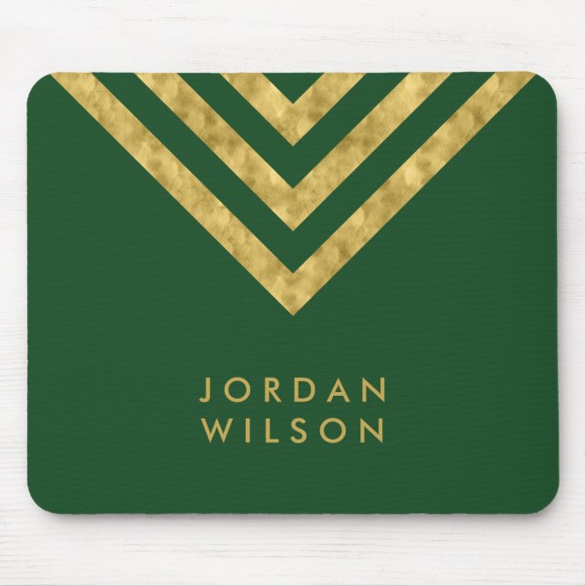 Elegant Grönt Faux Guld Namn Chevron Geometric Musmatta (Framsidan)