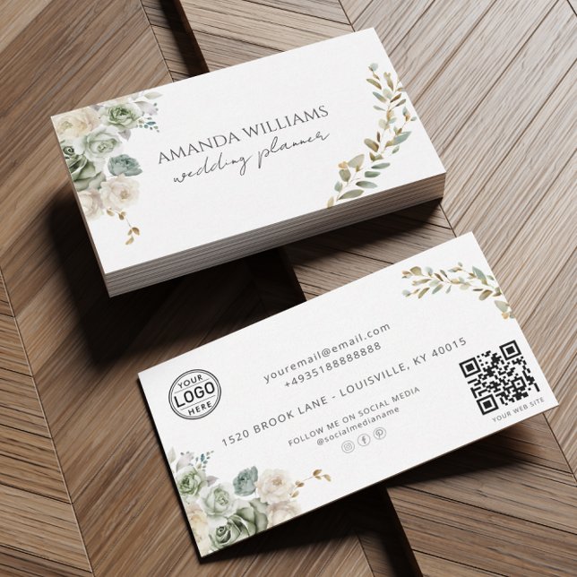 Elegant Grönt Flowers QR Code Social Affärskort Visitkort (Skapare uppladdad)