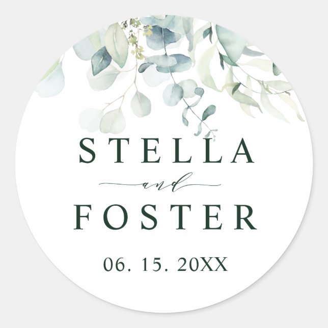Elegant Grönt Foliage Bröllop Runt Klistermärke (Framsida)