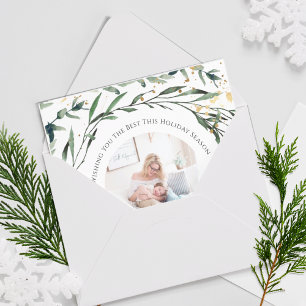 Elegant Grönt Foliage Guld Confetti Watercolor Julkort