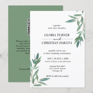 Elegant Grönt Foliage QR-kod Bröllopsinbjudan Inbjudningar