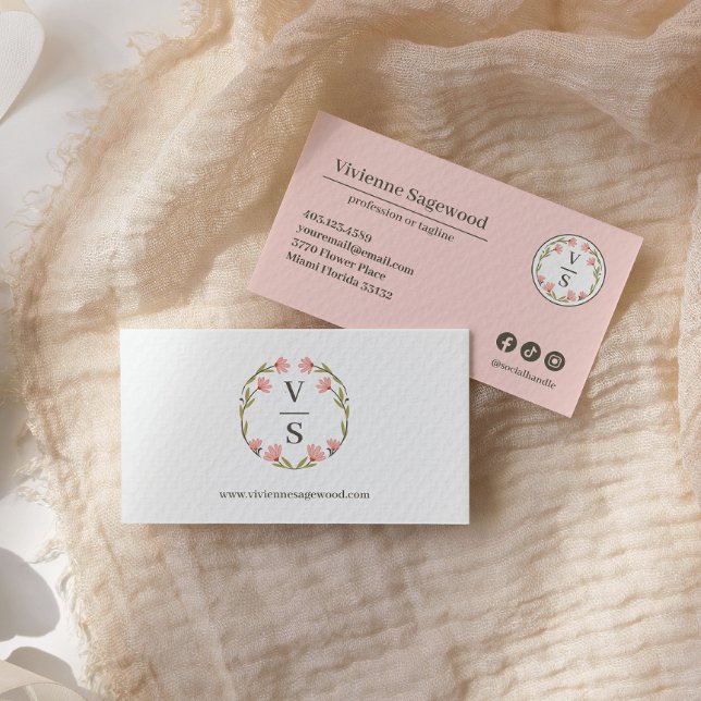 Elegant Grönt för Rosa av botanisk monogram Vapens Visitkort (Skapare uppladdad)