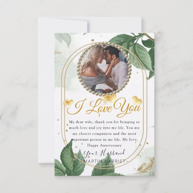 Elegant grönt foto hustru jubileumkort tack kort (Framsida)