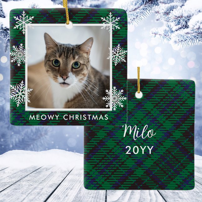 Elegant Grönt Gingham Cat Photo Meowy jul Julgransprydnad Keramik (Elegant Green Gingham Cat Photo Meowy Christmas Ceramic Ornament
)